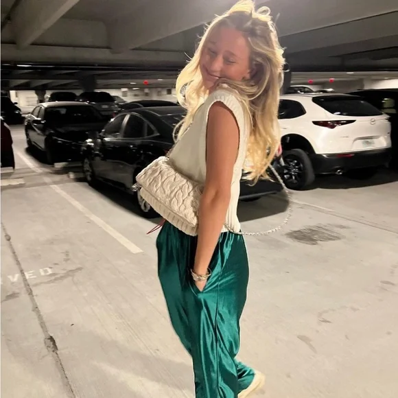 MM Designs Emerald Green Satin Pants w/ Yellow Heart Detail - Picture 3 of 12